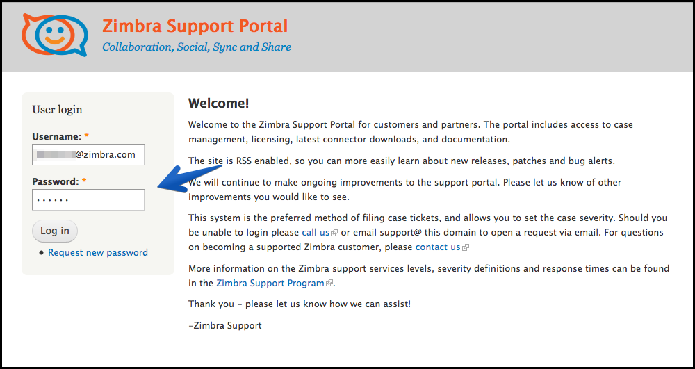 zimbra support portal login