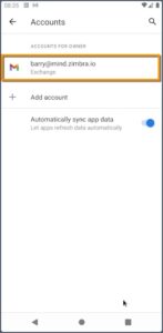 Android accounts screen with Zimbra Email account added