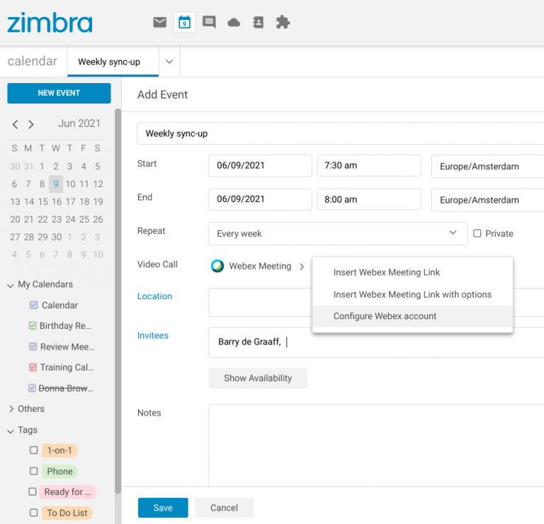 Add a Webex Meeting Link to Your Zimbra Meeting with a Single Click