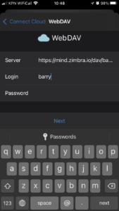 Configure your Zimbra account and tap next