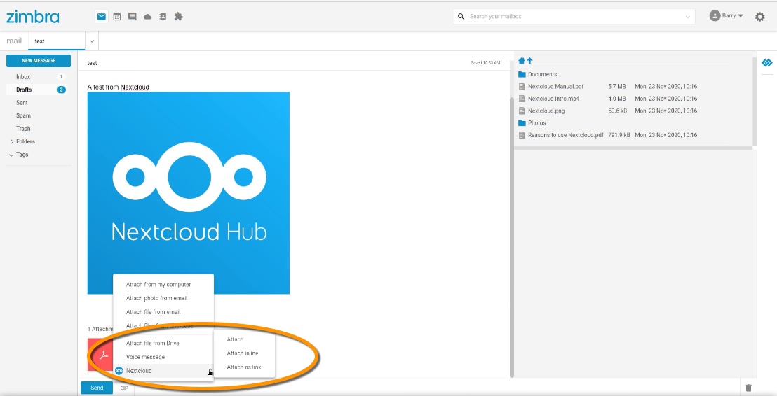 Add a Nextcloud file to an email as an attachment, link or inline