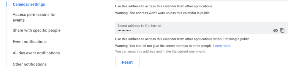 Secret Gmail Address in iCal Format