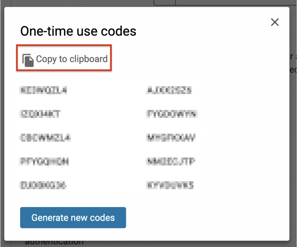 Screen showing one-time unused codes 