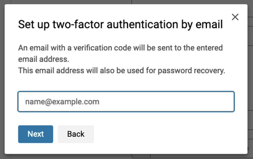 screenshot of 2FA setup by email