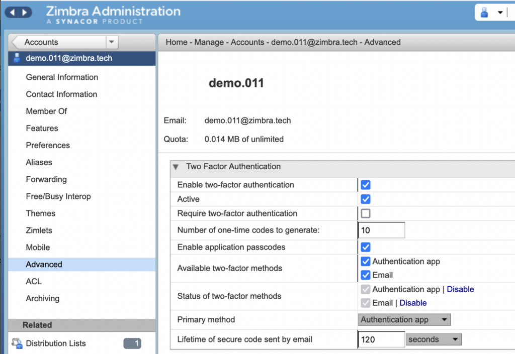 Screen showing Zimbra Administrator's view