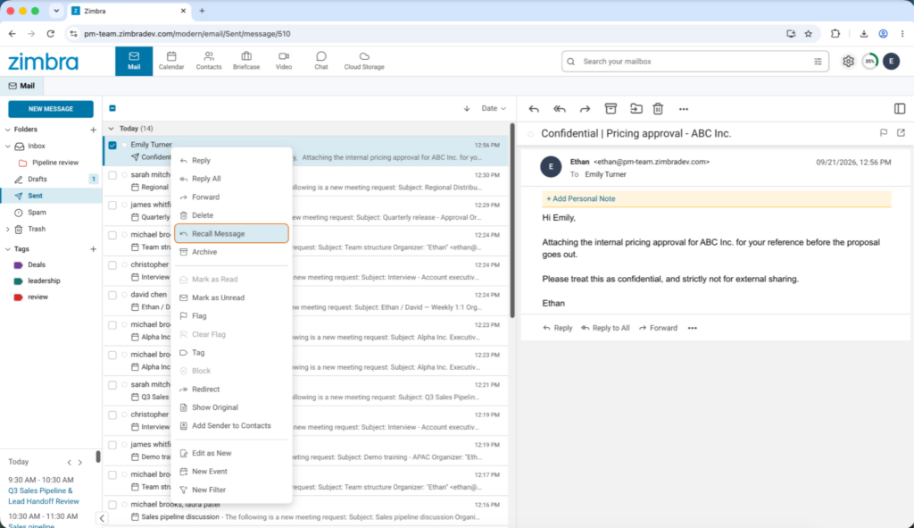 Mail Recall in action - Modern Web App