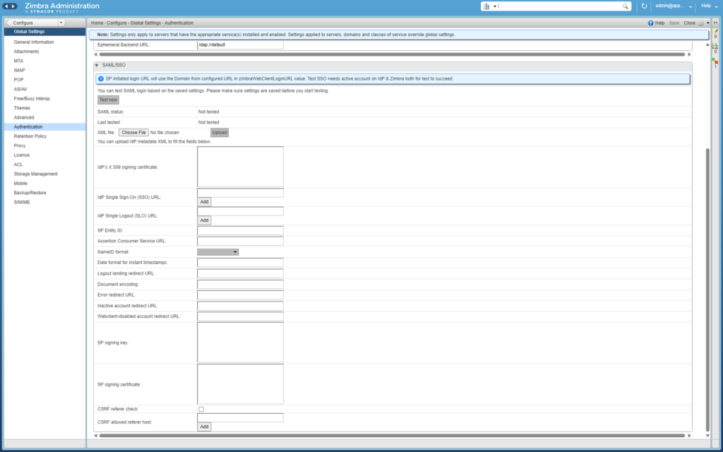 Admin Console SAML Setup Wizard — domain configuration screen